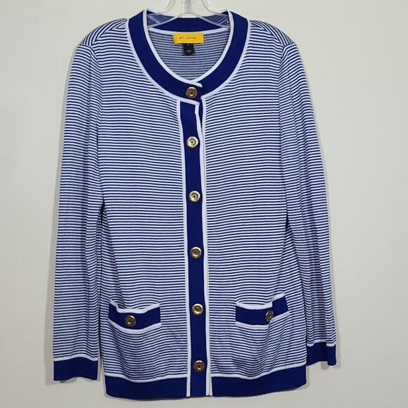 St. John Royal Blue and White Stripe Knit Cardigan